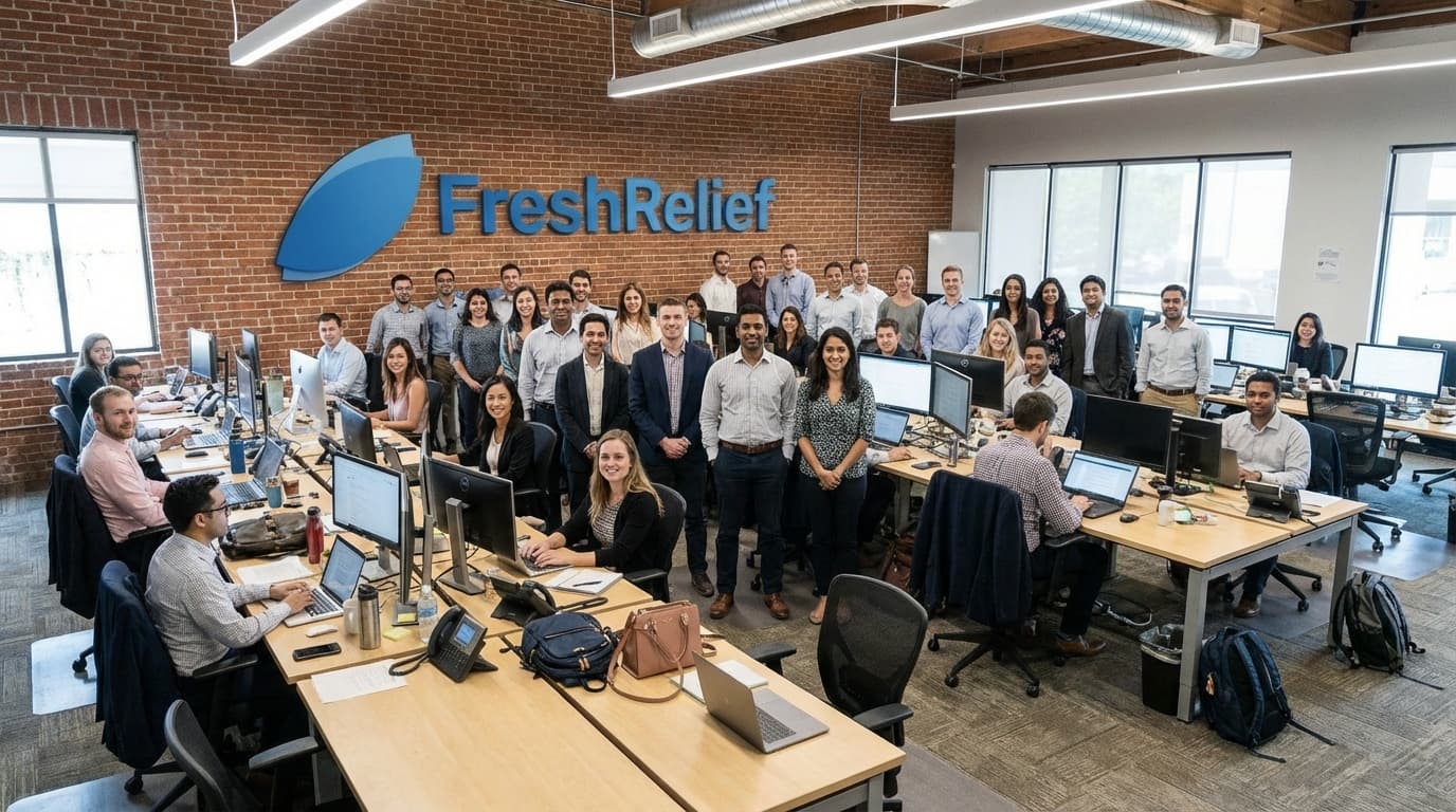 FreshRelief team working in a modern office space